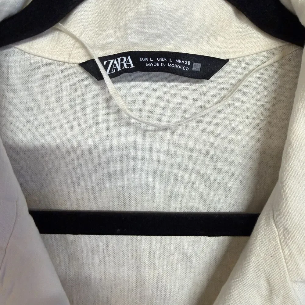 ZARA Linen Blend Jumpsuit Womens L White Roll Tab Sleeves Button Collar Resort